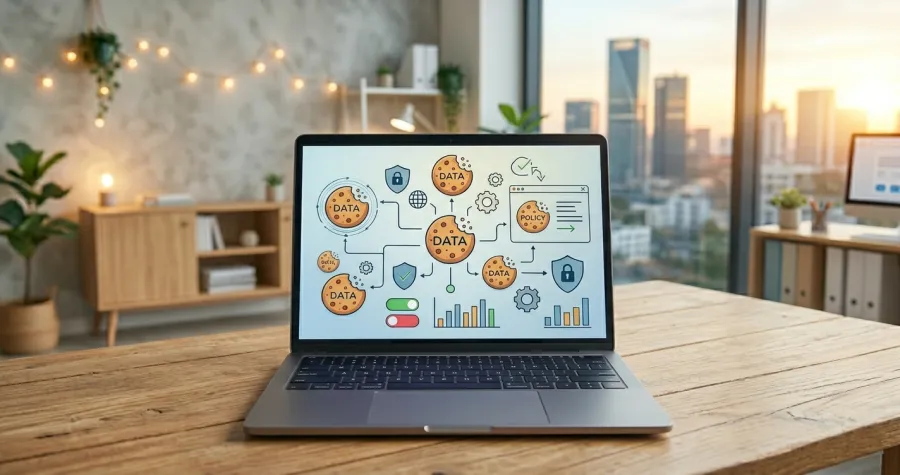 Ordenador portátil con una imagen de un sistema de conexiones a Internet con uso de cookies